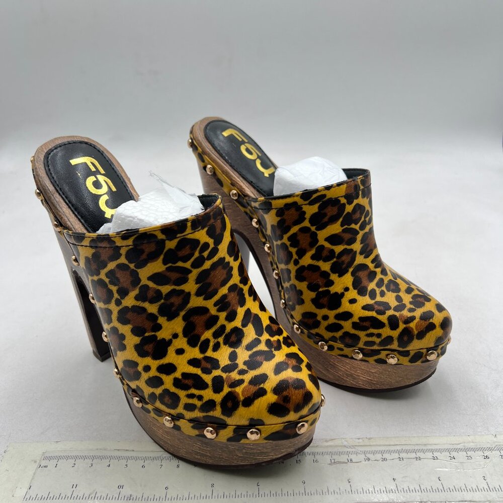 FSJ Leopard Print Platform Clog Mules in Tan and Brown - Picture 4 of 8